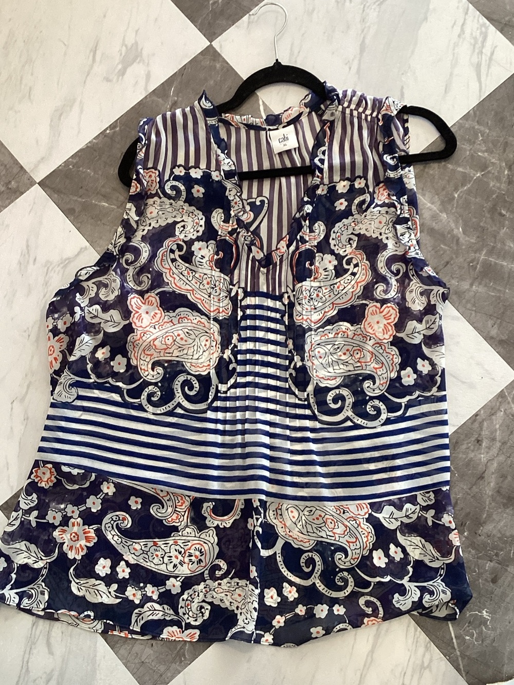 CAbi Navy Paisley & Stripe Sleeveless V-Neck Top with Coral Accents